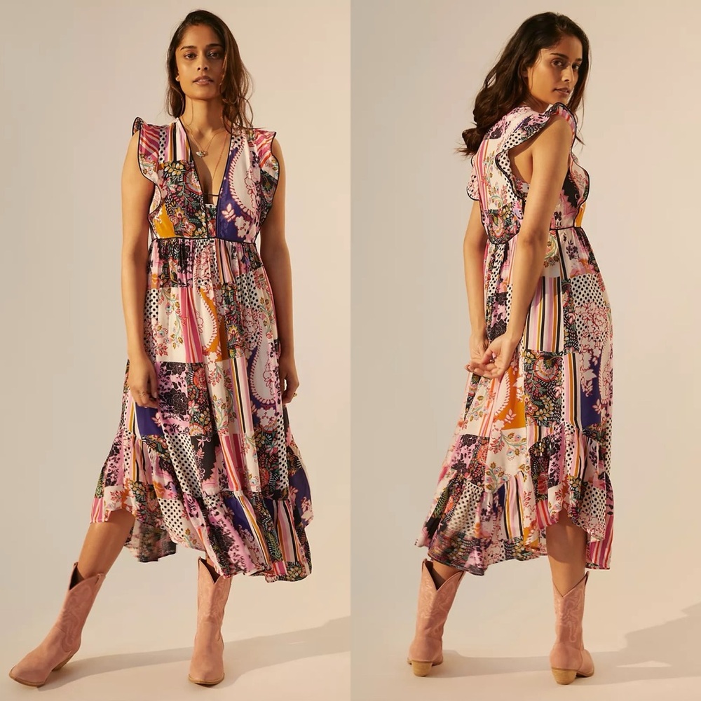 NWT Anthropologie Ruffled Patchwork Midi Dress